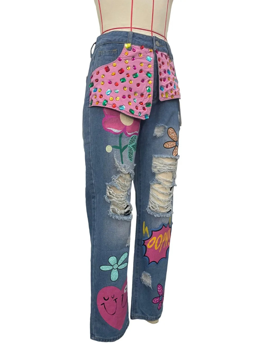 Diamond Splicing Loose Jeans Women High Waist Button Pocket Denim Trousers Casual Female Streetwear
