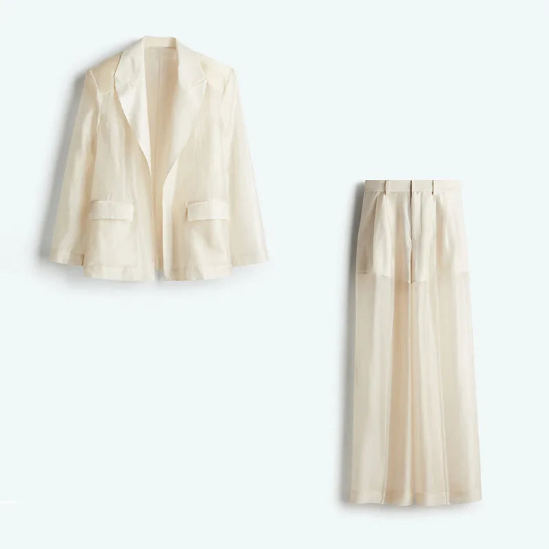 Sexy See Through Silk Set Women Elegant Blazer Coat Loose Shirt Wide-leg Pants