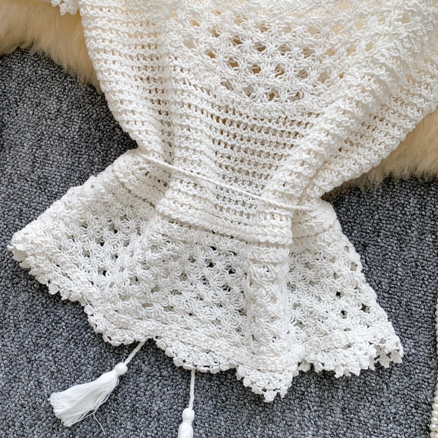 Bohemian Tassel Knit Tops Women Lace Up V Neck Elastic Summer Blouse Vacation Blouse