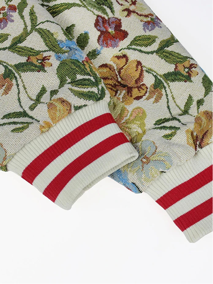 Flower Print Coat Crop Tops Women Lapel Long Sleeve Button Baseball Jacket