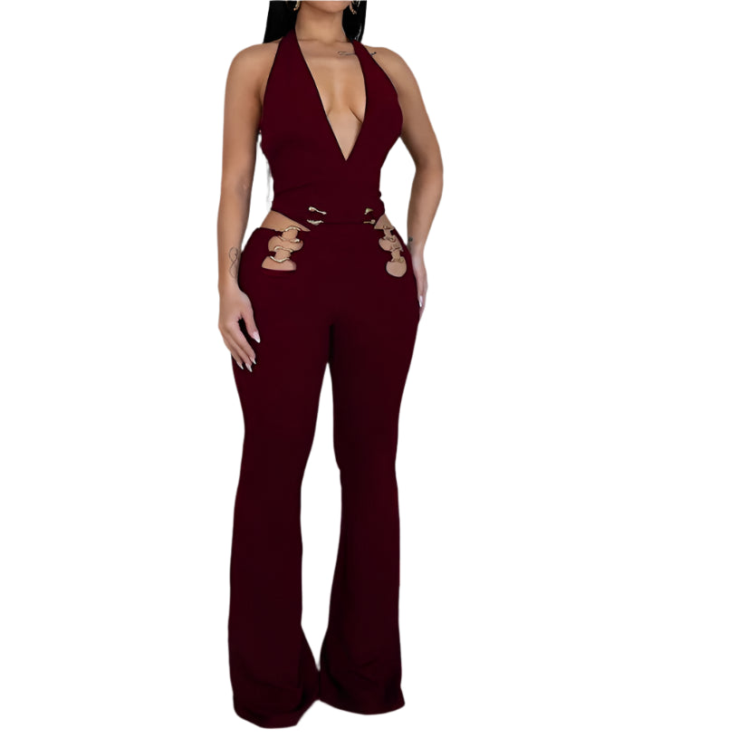 Women V-Neck Backless Straight Sleeveless Flare Jumpsuits One Piece Outfits