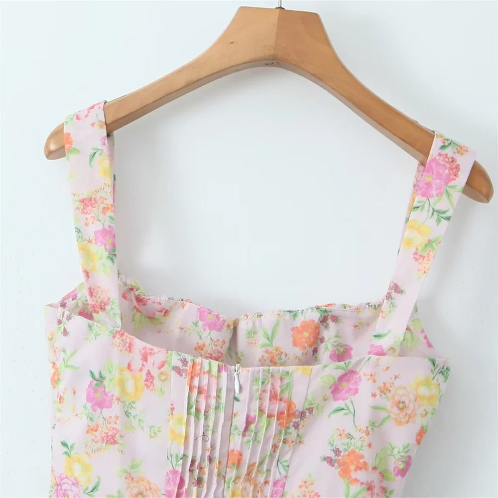 Women's Fashionable Floral Print Pleated Patchwork Slim Fitting Suspender Dress