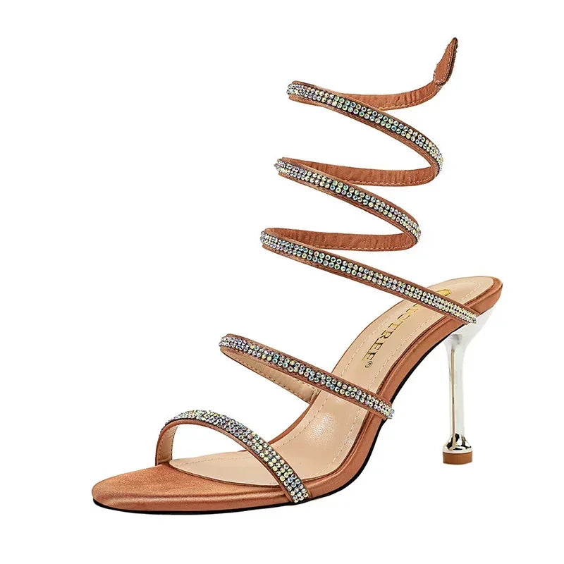 Women Luxury Party 8.5cm High Heels Summer Sexy Nightclub Sandals Female Red Green Ankle Strappy Roman Gladiator Crystal Sandles