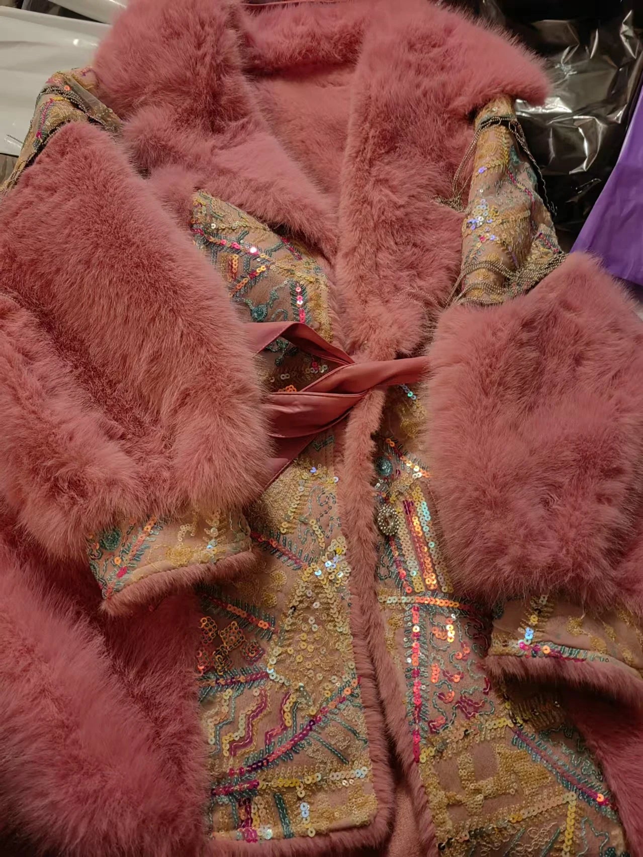 Faux Fur Coat for Women, Sequins Jacket, Loose Long Overcoat, Thick Warm Female Clothing, Fashion,High Quality, New, Winter