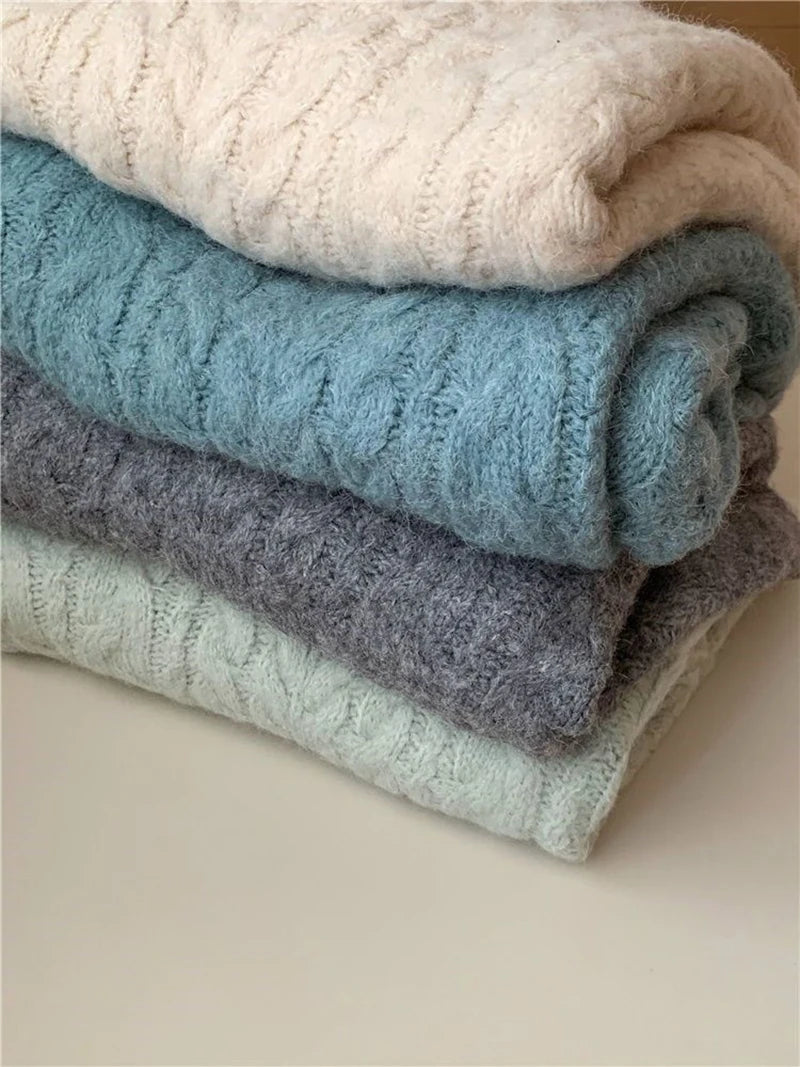 Lantern Sleeve Knit Sweater Women Korean Solid Twist V-Neck Pullover Jumper