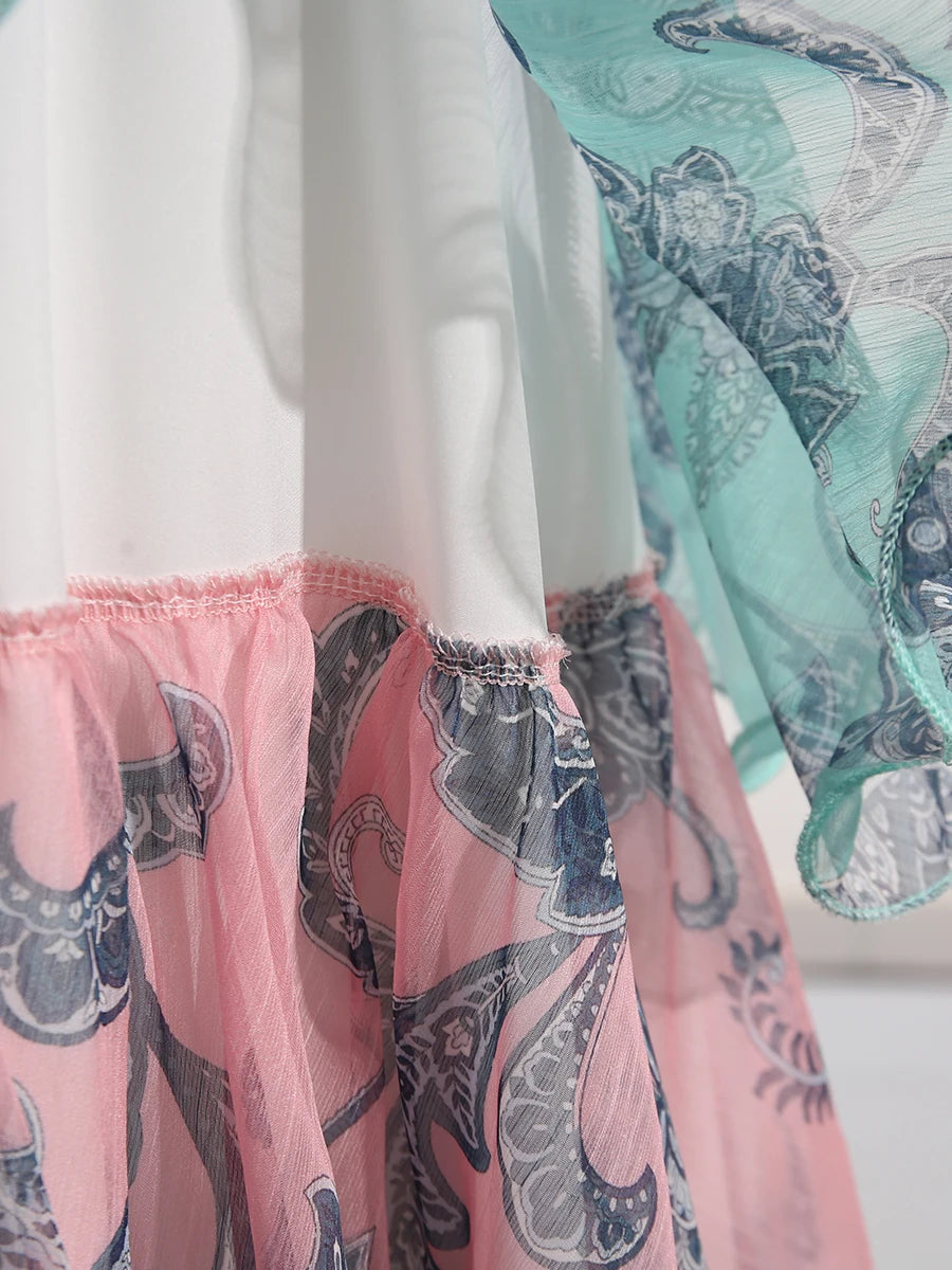 Colorful Print Ruffle Maxi Dress Spliced Lace Up Robe for Women Round Neck Sleeveless High Waist Patchwork Ruffles Dress