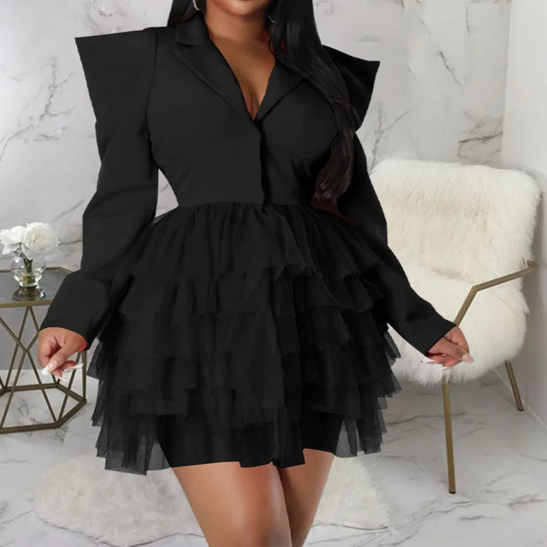 Mesh Paneling Solid Right Shoulders Long Sleeves Cake Dress For Women