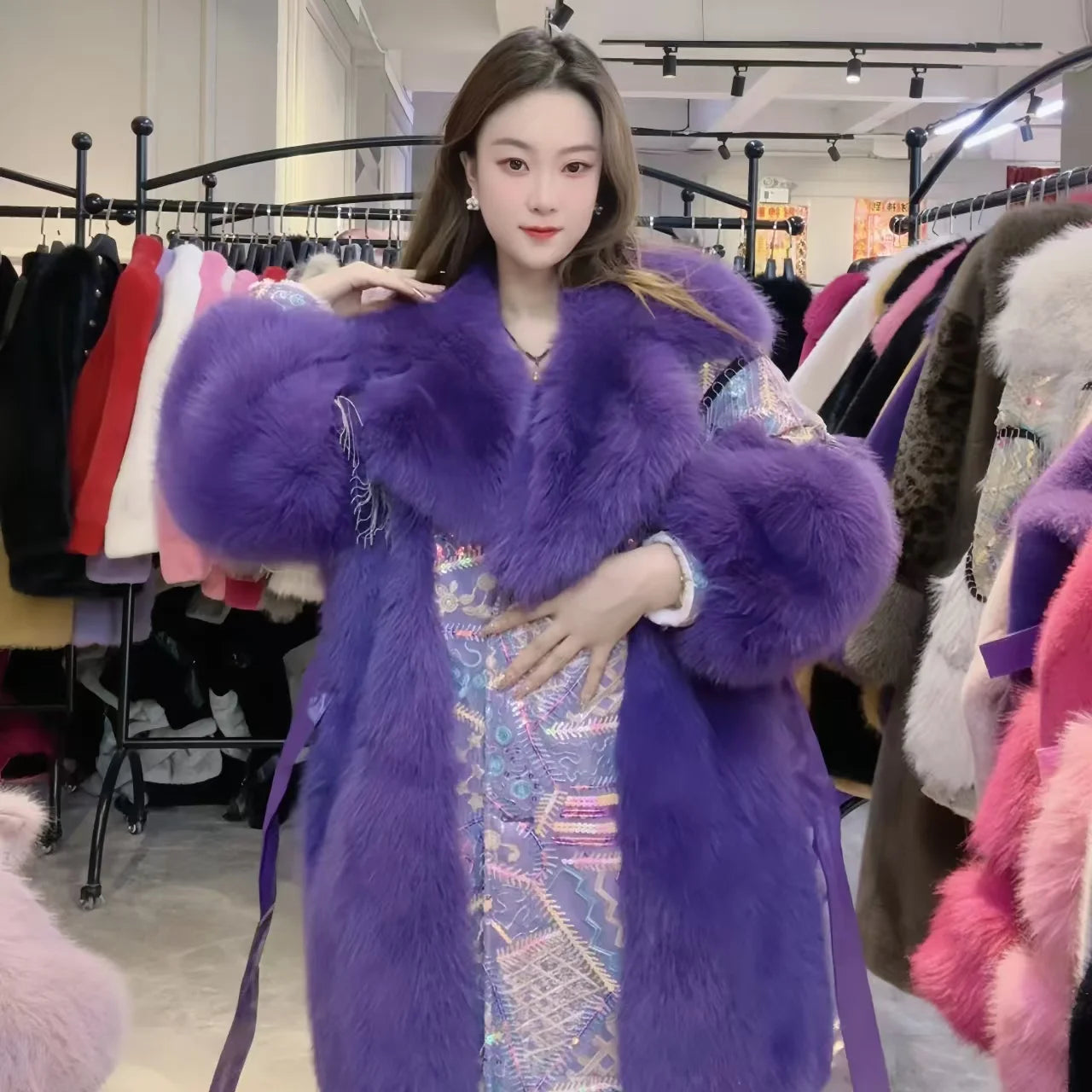 Faux Fur Coat for Women, Sequins Jacket, Loose Long Overcoat, Thick Warm Female Clothing, Fashion,High Quality, New, Winter