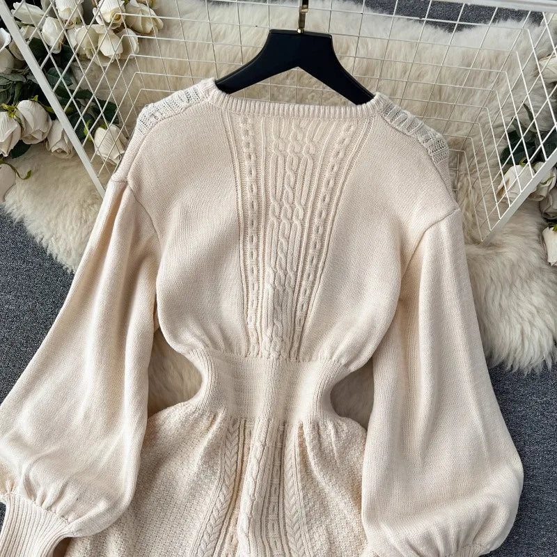 Lazy Style Round Neck Waist Wrapped Slim Mid Length Bubble Sleeve Knitted Dress