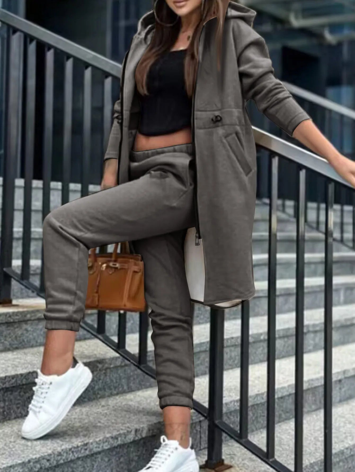 Women Pant Set Hooded Zipper Long Coats Two Piece Suits Casual Straight Pants