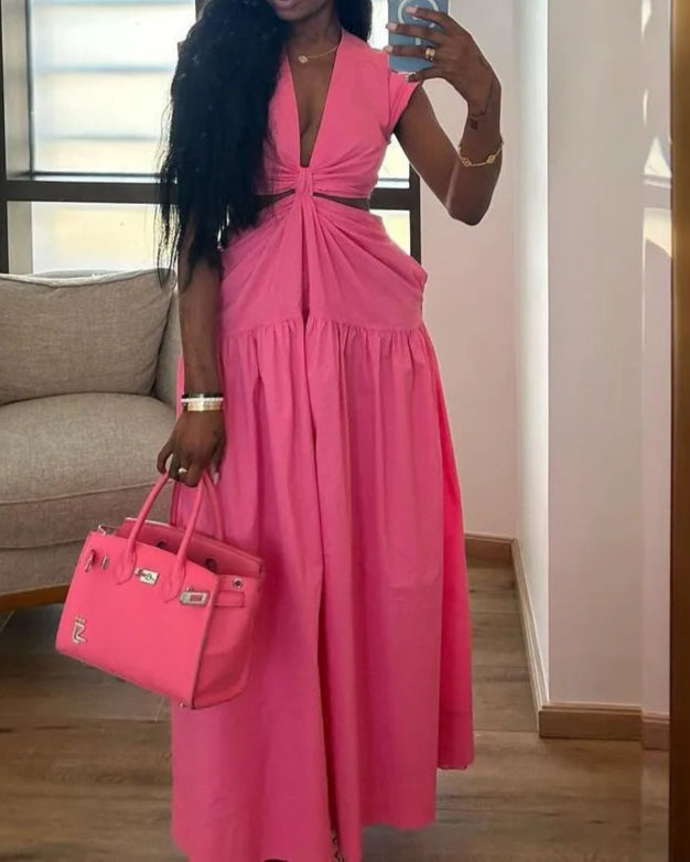Women Short Sleeve Tie Up Open Waist Deep V-neck Maxi Long Dress