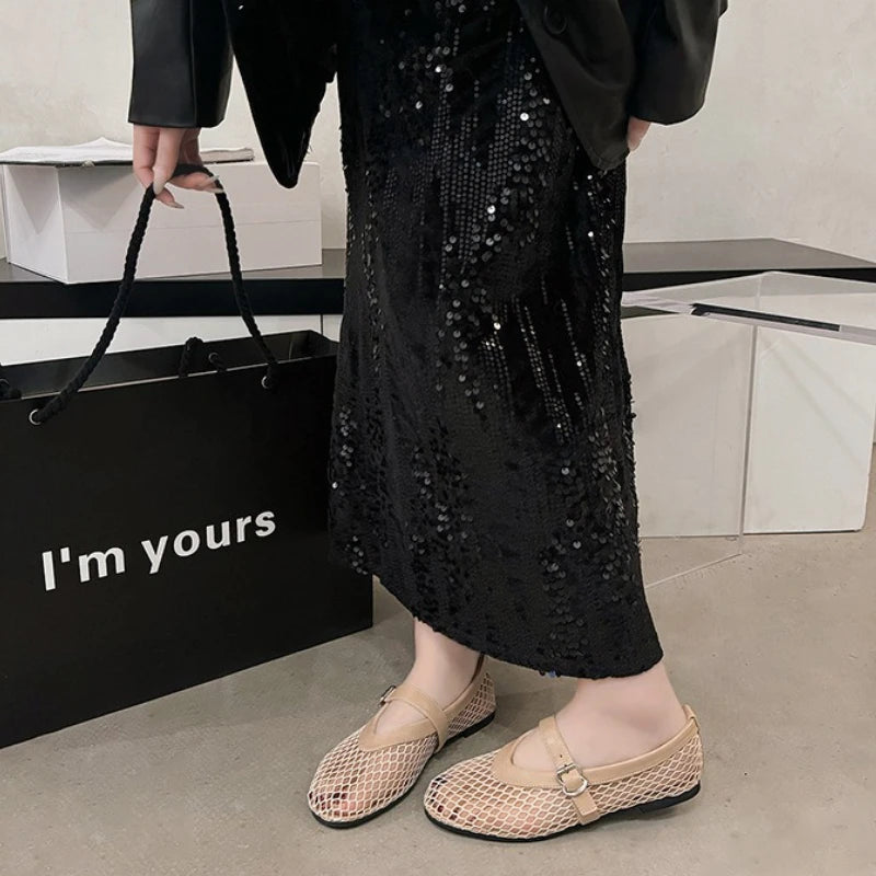 Breathable Mesh Black Ballet Shoes Daily Walking Street Sandals