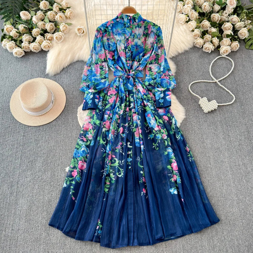 French Style Midi Dress Femme Robe Stand Collar Lantern Sleeve Slim Fit High Waist Dress