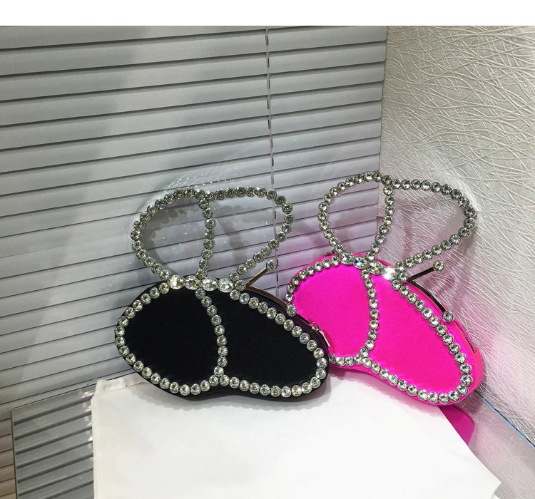 White Rhinestone Pink Butterfly Wedding Evening Clutches Party Prom Purse