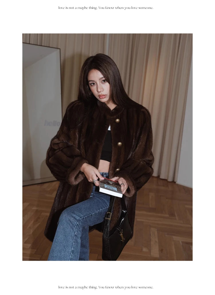Brown Thick Warm Soft Faux Mink Fur Coat Women Puff Sleeve Stand Collar Fluffy Jacket