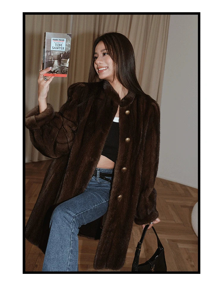 Brown Thick Warm Soft Faux Mink Fur Coat Women Puff Sleeve Stand Collar Fluffy Jacket