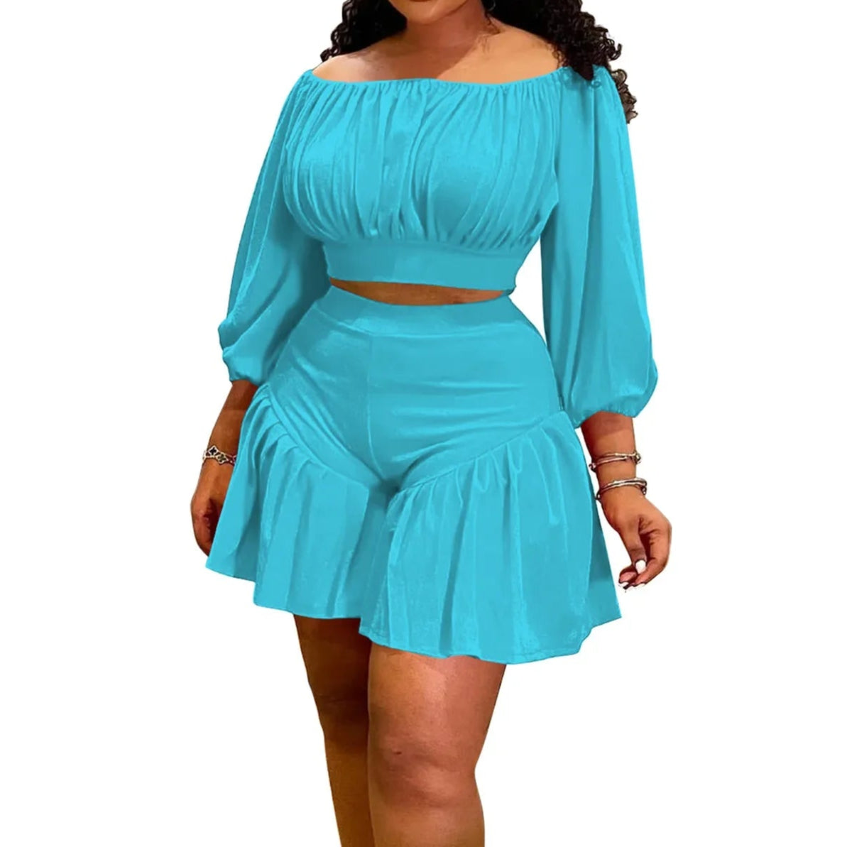 Plus Size Women's Set Long Sleeve Slash Neck T-Shirt and Shorts Summer Two 2 Piece Set