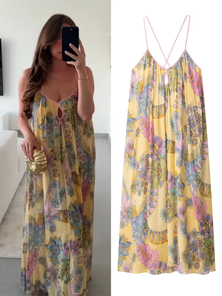 Print Floral Women's Dress Halter V-neck Sleeveless Hollow out Straight Vacation Dress