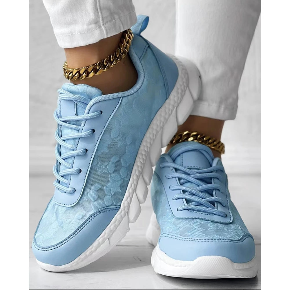 Women Star Pattern Lace-up Breathable Sneakers Daily Casual Round Toe White Sports Shoes Running Shoes