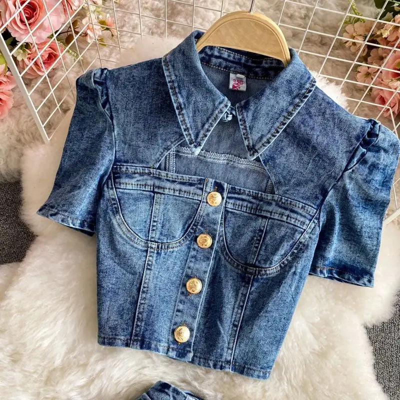 Denim Shorts Sets Shirts+Shorts Jeans 2 Pieces Sets Outfit