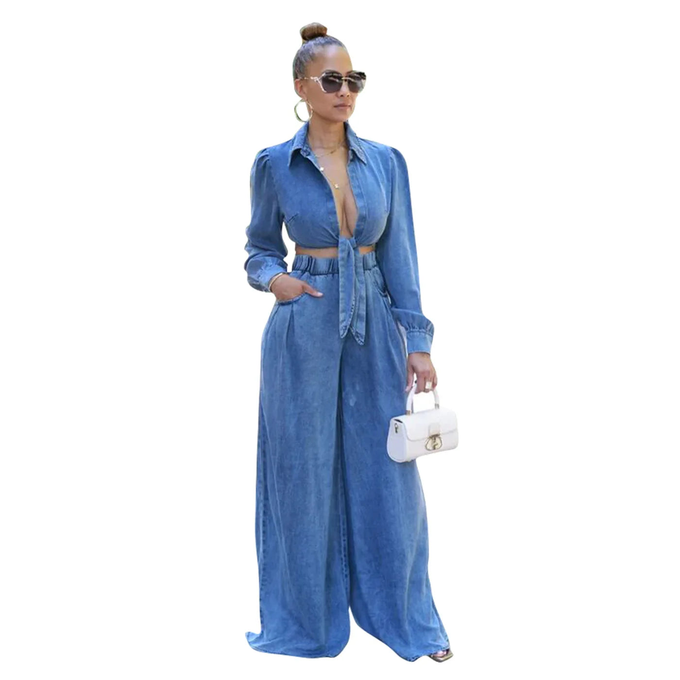 Denim Crop Top Tie Knot Shirt Cardigan + Wide Leg Loose Outfit Pants