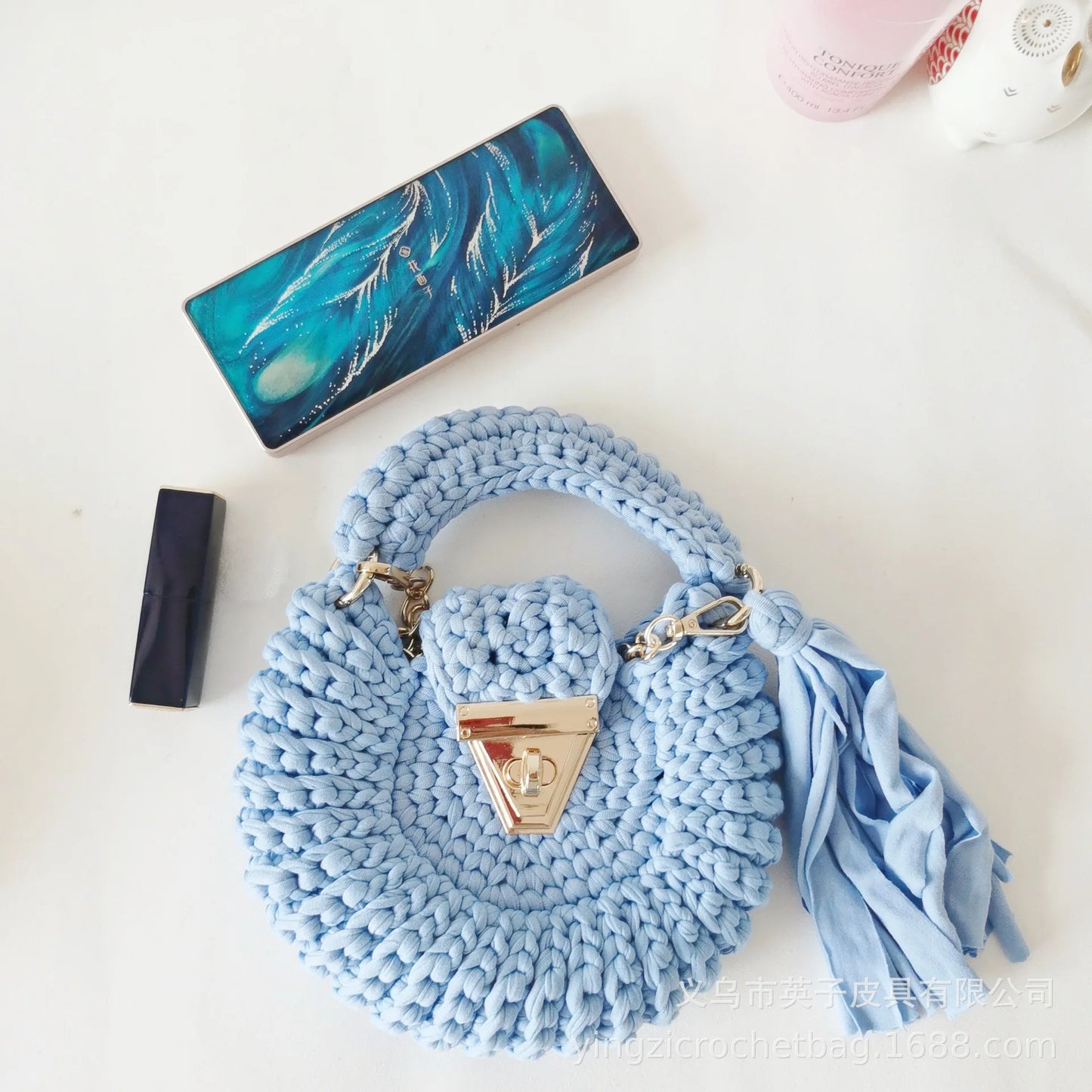 Bohemian Women's Solid Color Hook Knit Bag Round Fringed Small Crossbody Bag Soft Material