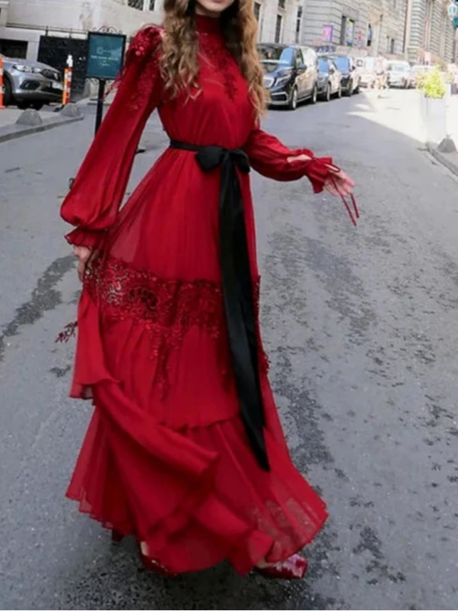Sexy Long Sleeves Lace Patchwork Maxi Dress Women Red O Neck Folds A-line Cocktail Gown