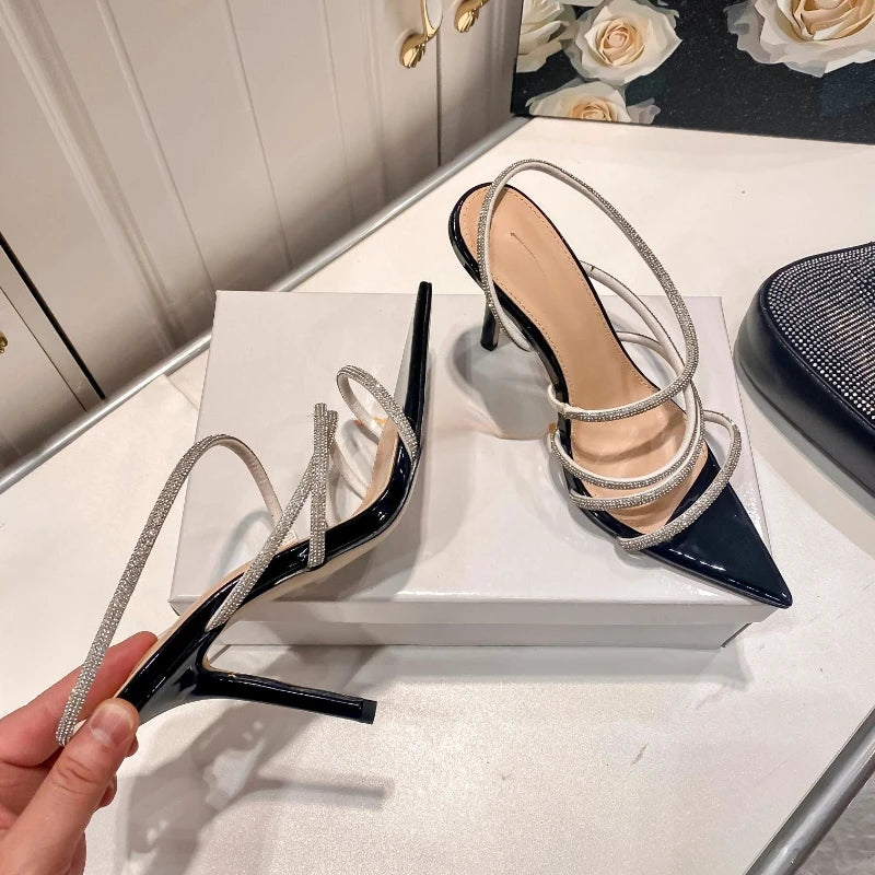 Women's Roman Sandals New Pointed Fine Heel Sexy Banquet Diamond Wrapped Strap High Heel Sandals