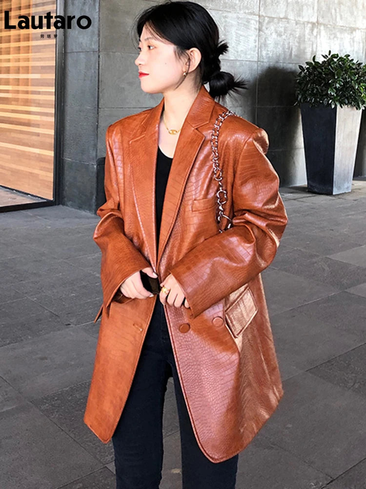 Oversized Shiny Purple Crocodile Pattern Faux Leather Blazer for Women Y2k