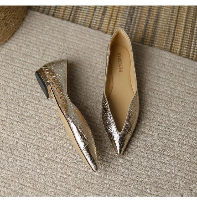 French Pointed Leather Shoe Simple Comfort Sheepskin Elegant Low Heel Shoes