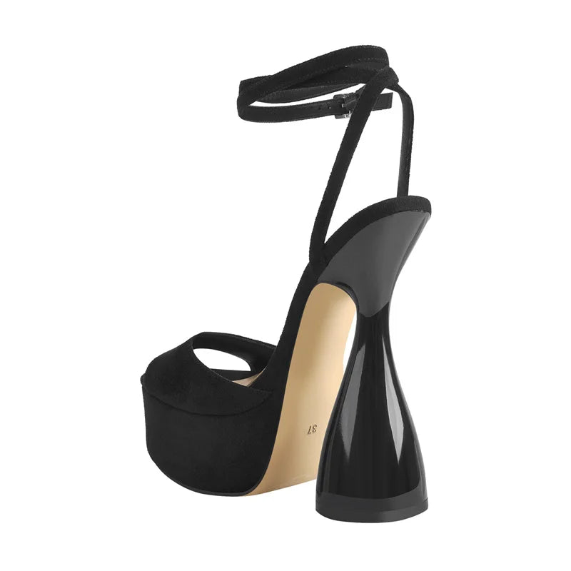 Women Peep Toe Sandals Black Flock Platform Ankle Strap High Heel Shoes