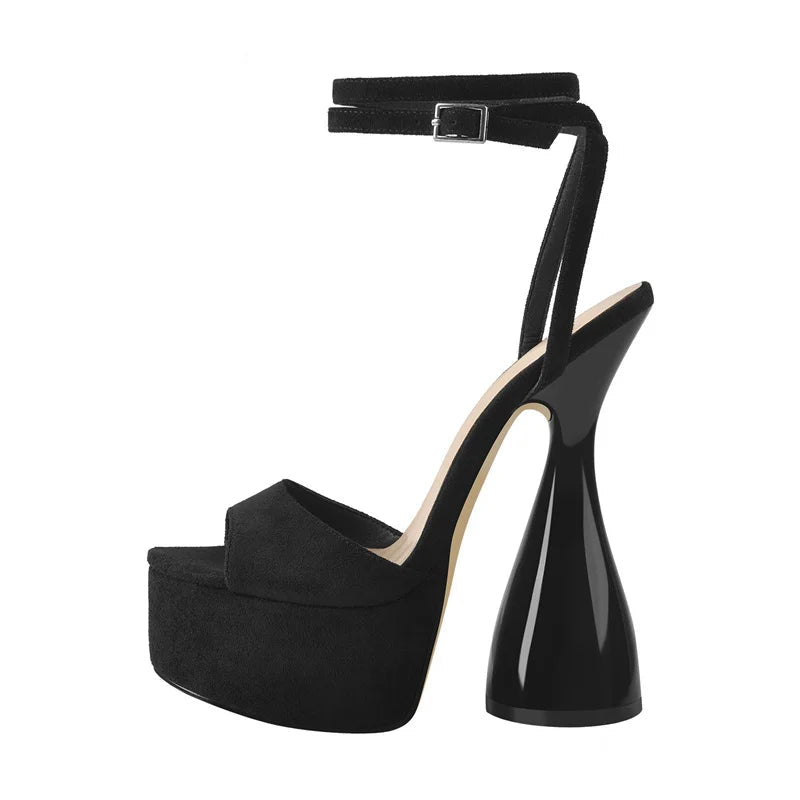 Women Peep Toe Sandals Black Flock Platform Ankle Strap High Heel Shoes