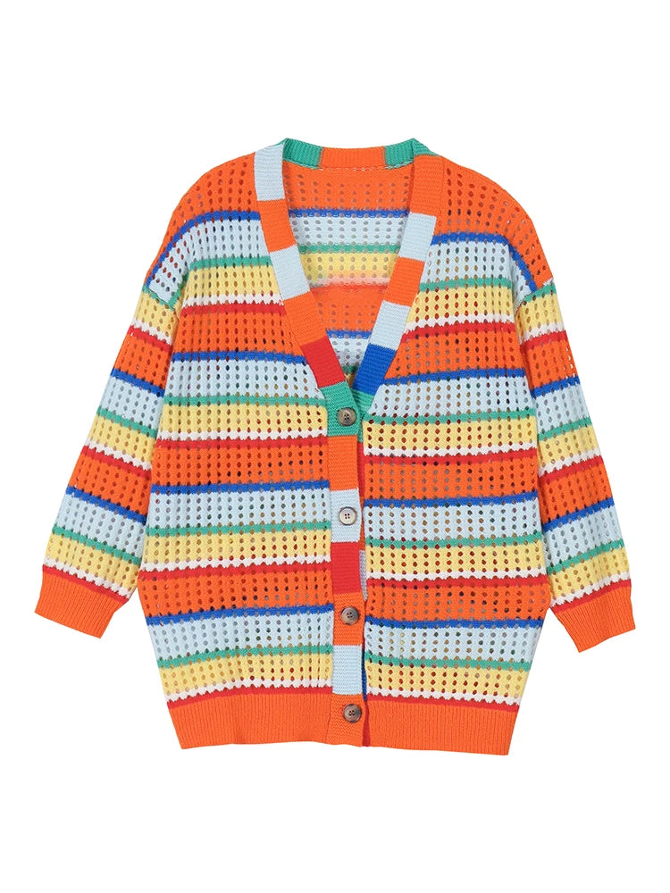 Plus Size Women's Rainbow Stripe Knit Crochet Cardigan Sweater