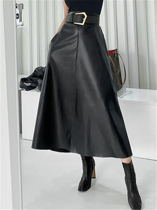 Classic Faux PU Leather Belted Midi Skirt for Women
