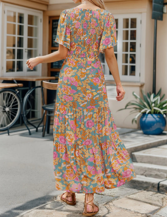 Casual Pastoral Style Floral Print Dress Long, Crewneck Short Sleeves High Waist Wide Ruffle Hem Dress