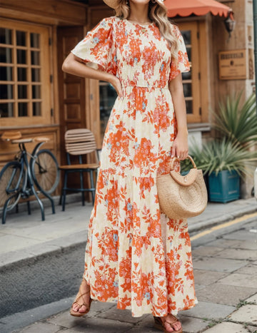 Casual Pastoral Style Floral Print Dress Long, Crewneck Short Sleeves High Waist Wide Ruffle Hem Dress