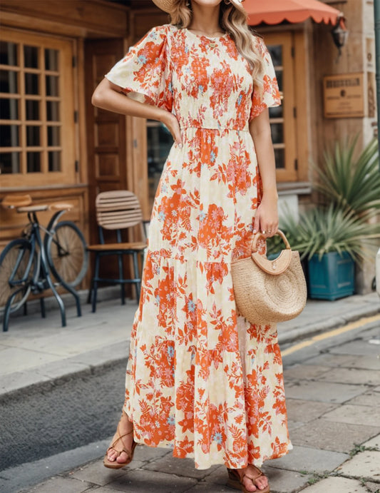 Casual Pastoral Style Floral Print Dress Long, Crewneck Short Sleeves High Waist Wide Ruffle Hem Dress