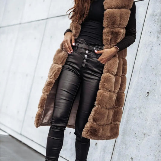 Faux Fur Sleeveless Coat Solid Round Neck Thick Outerwear Jacket