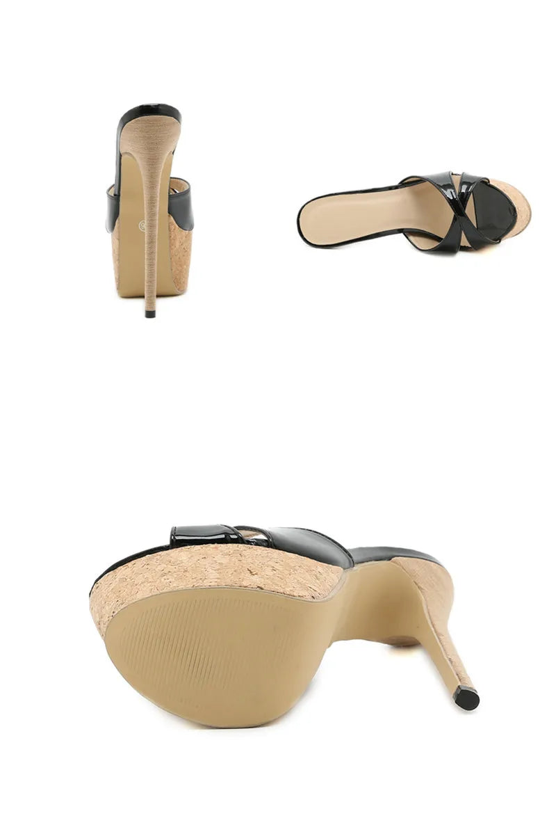 Super High Heels Slippers Sandals Women PU Leather Party Shoes Platform Heels  Peep Toe Slip On Mules