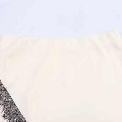 Women Lace with Silk Satin Texture Midi Skirt Vintage High Waist Side Zipper Skirt