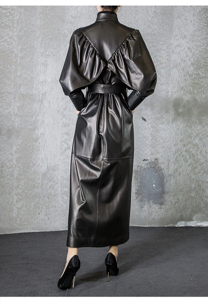 Green Black Maxi Soft Faux Leather Trench Coat for Women Luxury Retro Trench Coat