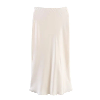 Women Lace with Silk Satin Texture Midi Skirt Vintage High Waist Side Zipper Skirt