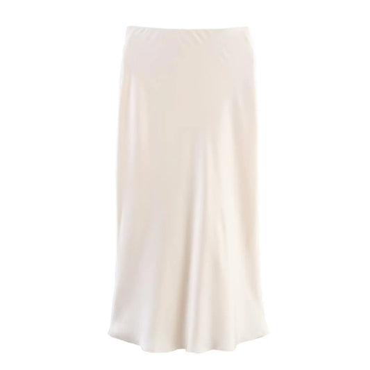 Women Lace with Silk Satin Texture Midi Skirt Vintage High Waist Side Zipper Skirt