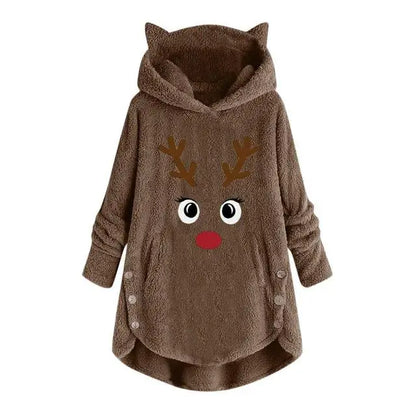 Women Printed Cat Ears Hooded Large Size Long Sleeve Button Sweater Warm Pullover Christmas Sweaters