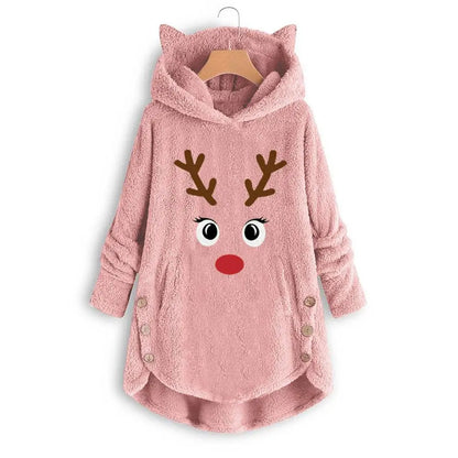 Women Printed Cat Ears Hooded Large Size Long Sleeve Button Sweater Warm Pullover Christmas Sweaters