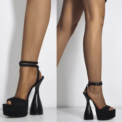 Women Peep Toe Sandals Black Flock Platform Ankle Strap High Heel Shoes