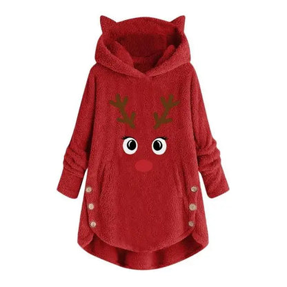 Women Printed Cat Ears Hooded Large Size Long Sleeve Button Sweater Warm Pullover Christmas Sweaters