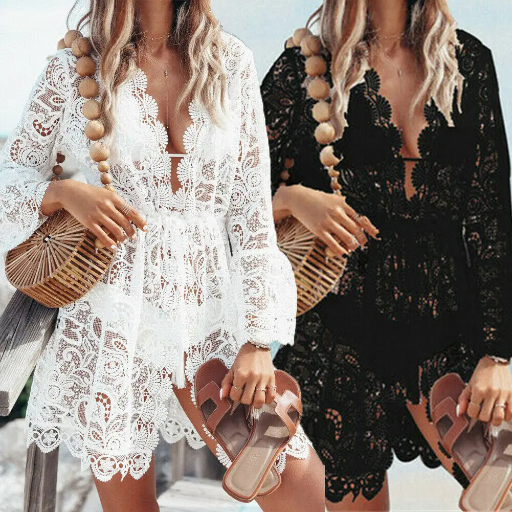Women Sexy V-neck Lace Beach Bikini Cover Up Beach Dress Sundress Cover Up Outfits