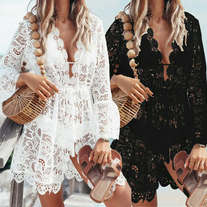 Women Sexy V-neck Lace Beach Bikini Cover Up Beach Dress Sundress Cover Up Outfits