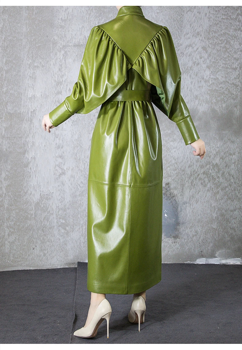 Green Black Maxi Soft Faux Leather Trench Coat for Women Luxury Retro Trench Coat